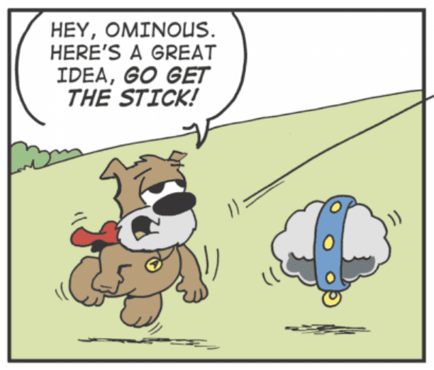 A cartoon of a dog flying a kite.
