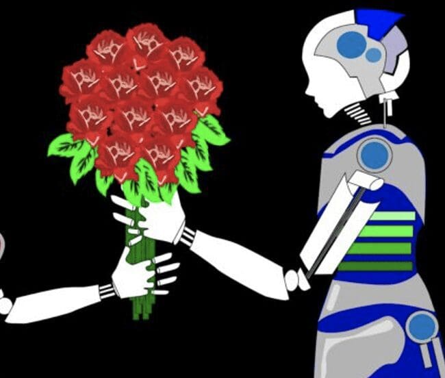 A robot handing a woman a bouquet of roses.