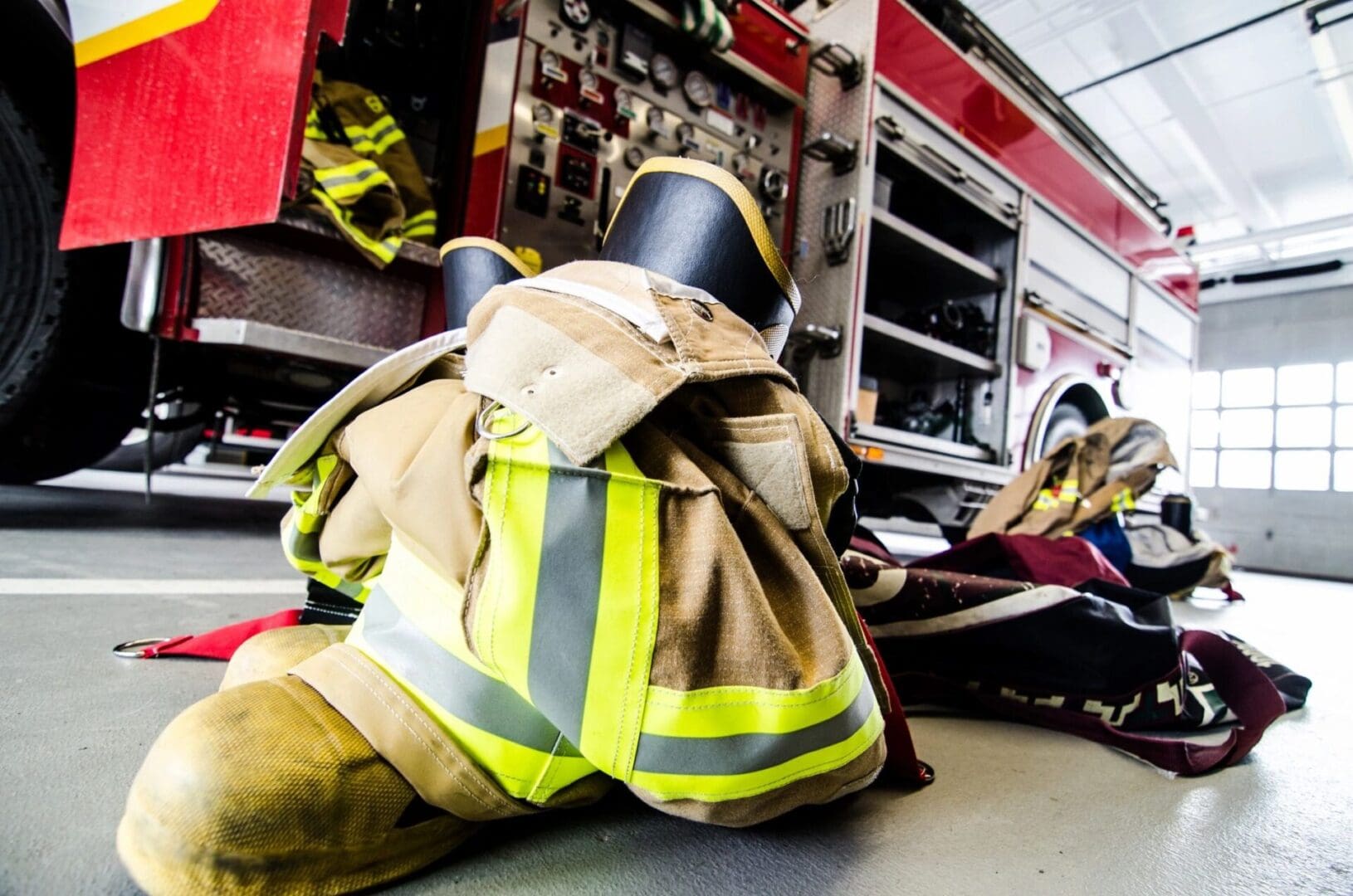 A firefighter's gear is sitting on the floor in front of a fire truck.
