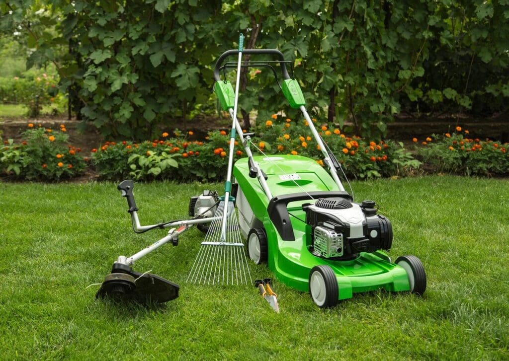 A green lawn mower and a rake in the grass.