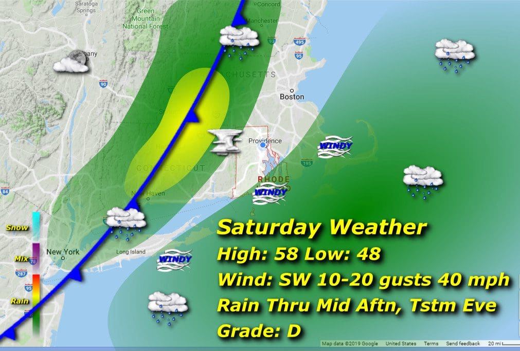 A map displaying the weather forecast for Saturday in RI.