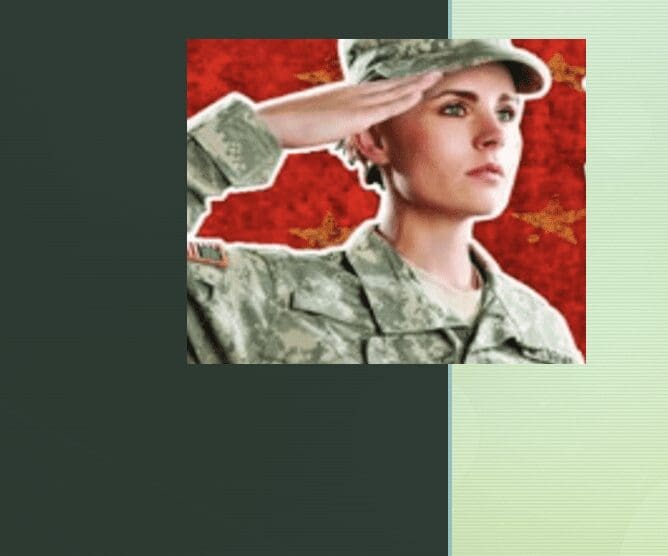 A woman in military uniform salutes in front of a red background, paying tribute to veterans.
