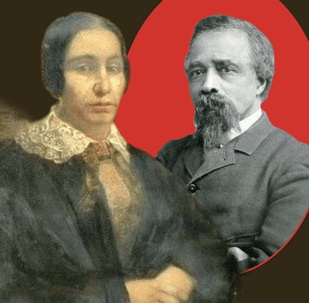 Two portraits of a man and a woman with a beard.