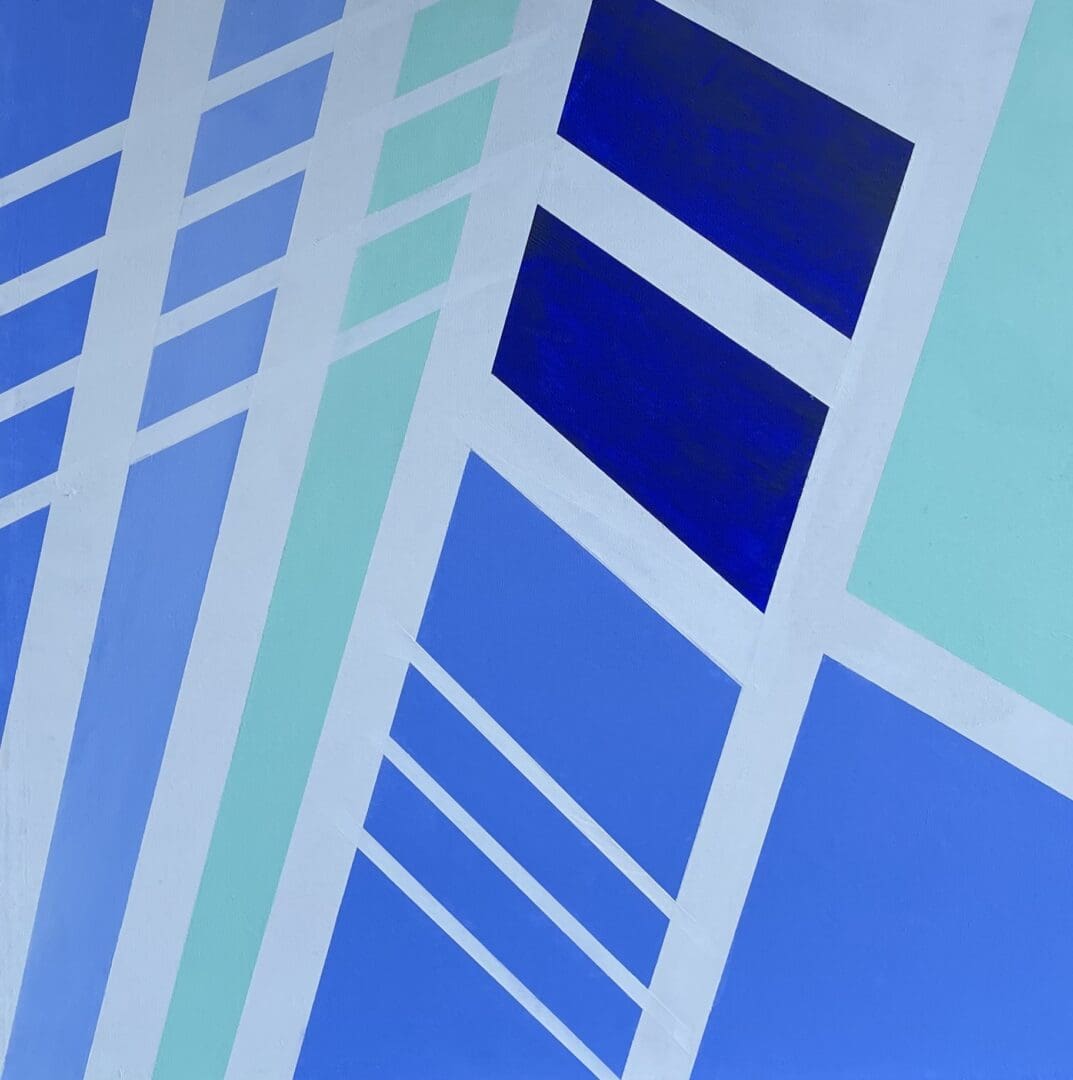 An abstract painting with blue and white lines.