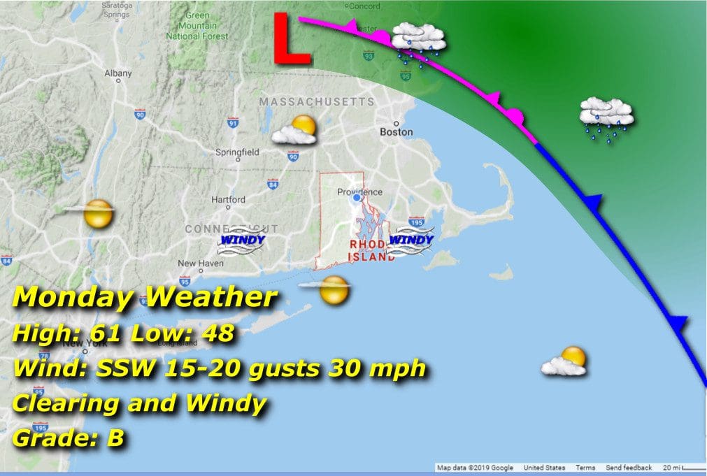 A weather map for Monday in Massachusetts displaying the forecast.