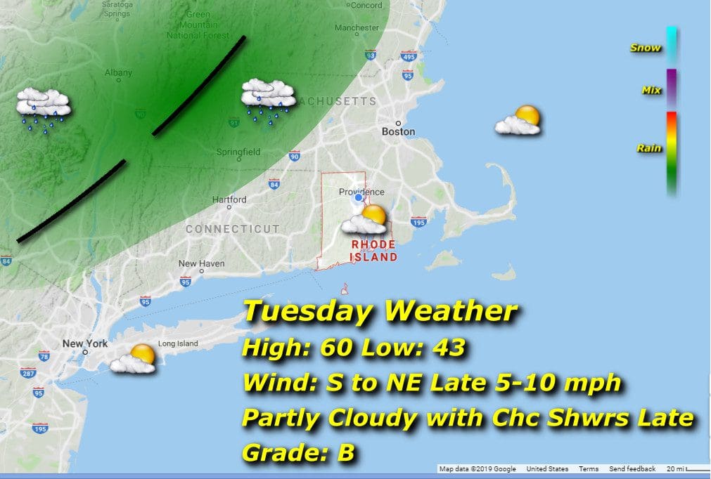 Tuesday weather map for Rhode Island.