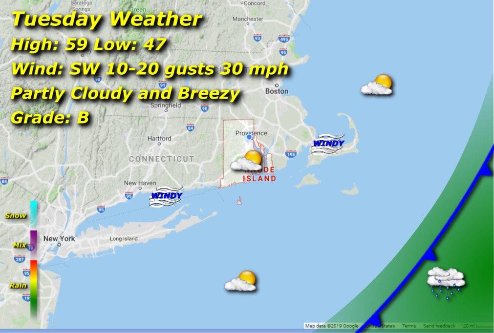 Tuesday weather map showing the weather in Massachusetts and Rhode Island.