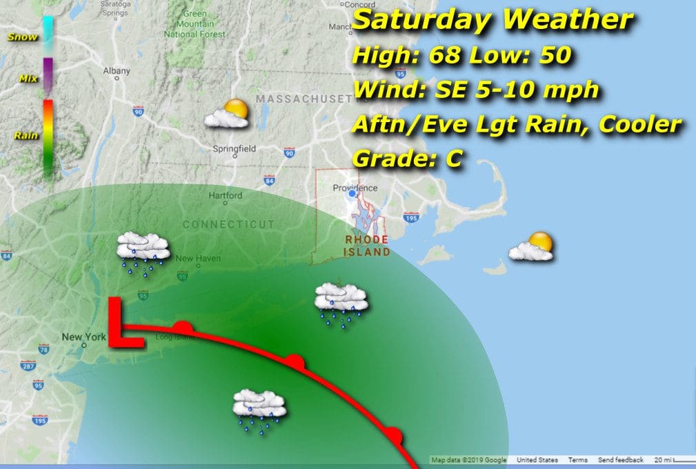 A map showing the weather for Saturday in Massachusetts and Rhode Island.