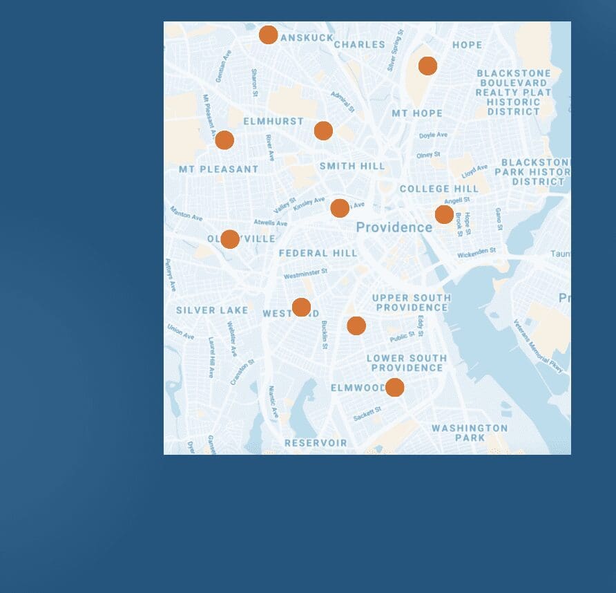 A map of Boston showcasing summer programs with orange dots marking their locations.