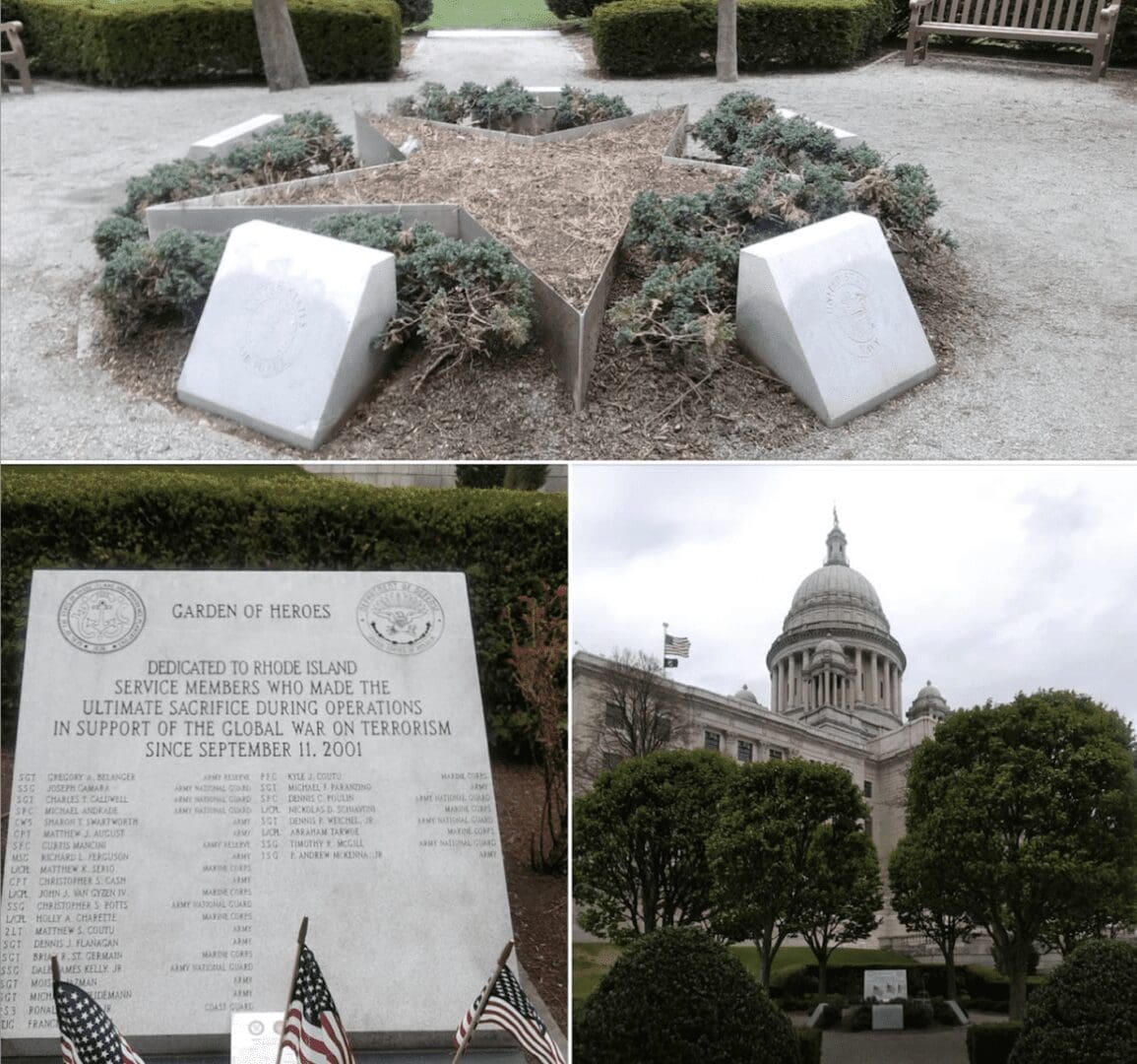 A collage of photos showing a statue of a soldier and a memorial.