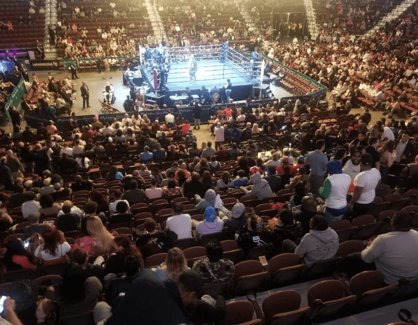 CES Boxing fans eagerly watching a thrilling match in an arena.