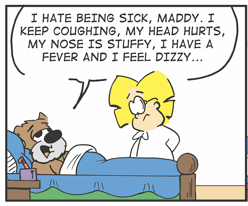 A comics featuring a woman in bed with a dog.