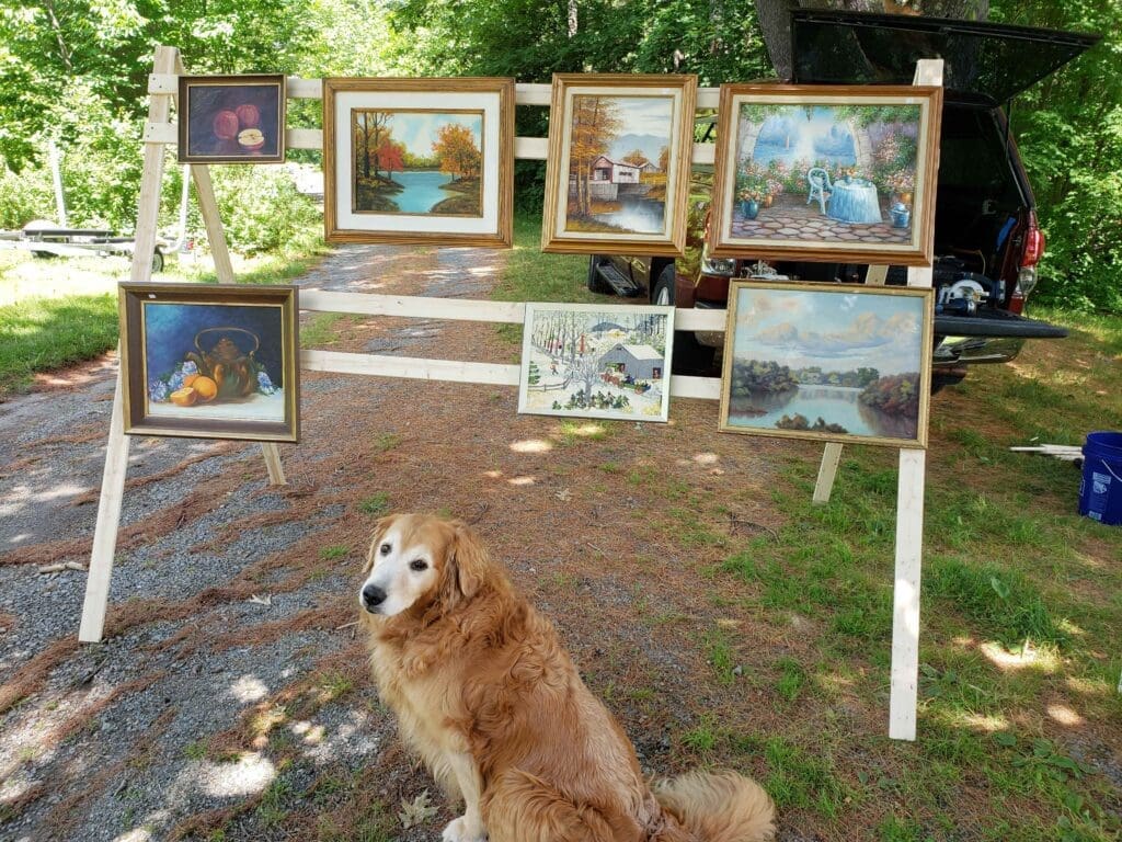 A golden retriever sits in front of a display of paintings.
