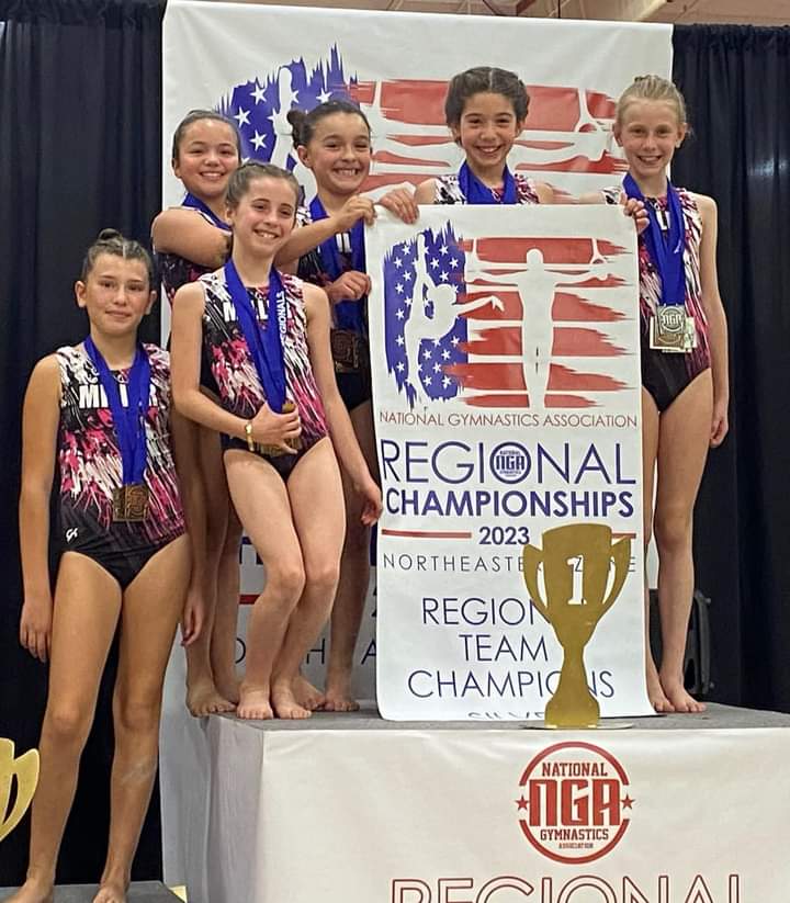 A group of gymnasts posing for a picture on a podium.