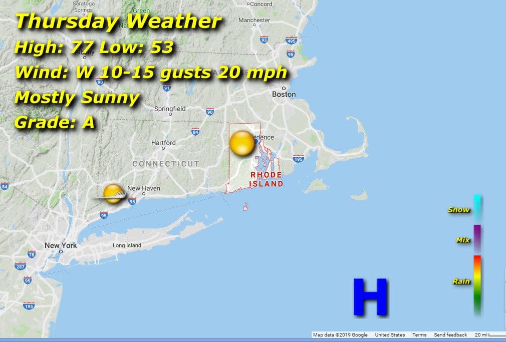 Weather map for Rhode Island.