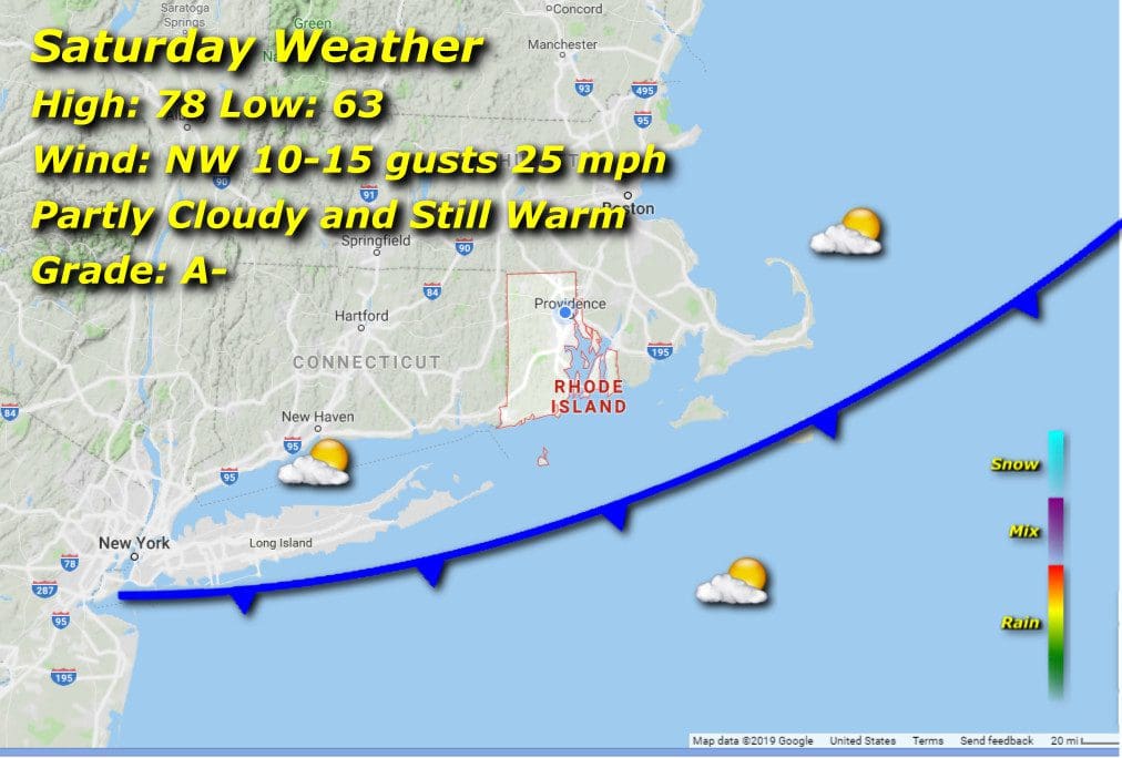 A map displaying the weather forecast for Saturday in Massachusetts with a focus on Rhode Island weather.