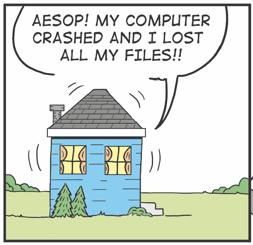 A hilarious cartoon depicting a computer disaster on Free Comic Book Day when my beloved device crashed, resulting in the loss of all my precious files.