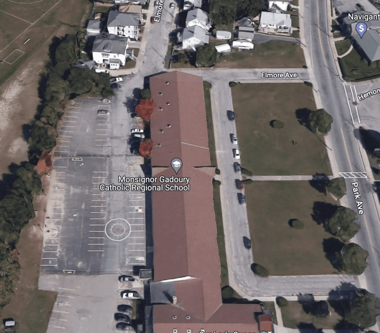 An aerial view of a parking lot and a building in Rhode Island.