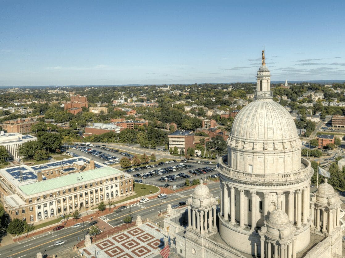 An aerial view of the capitol building.
