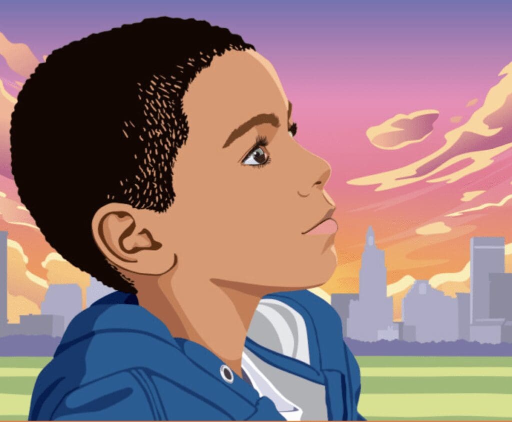 An illustration of a boy looking up at the skyline.