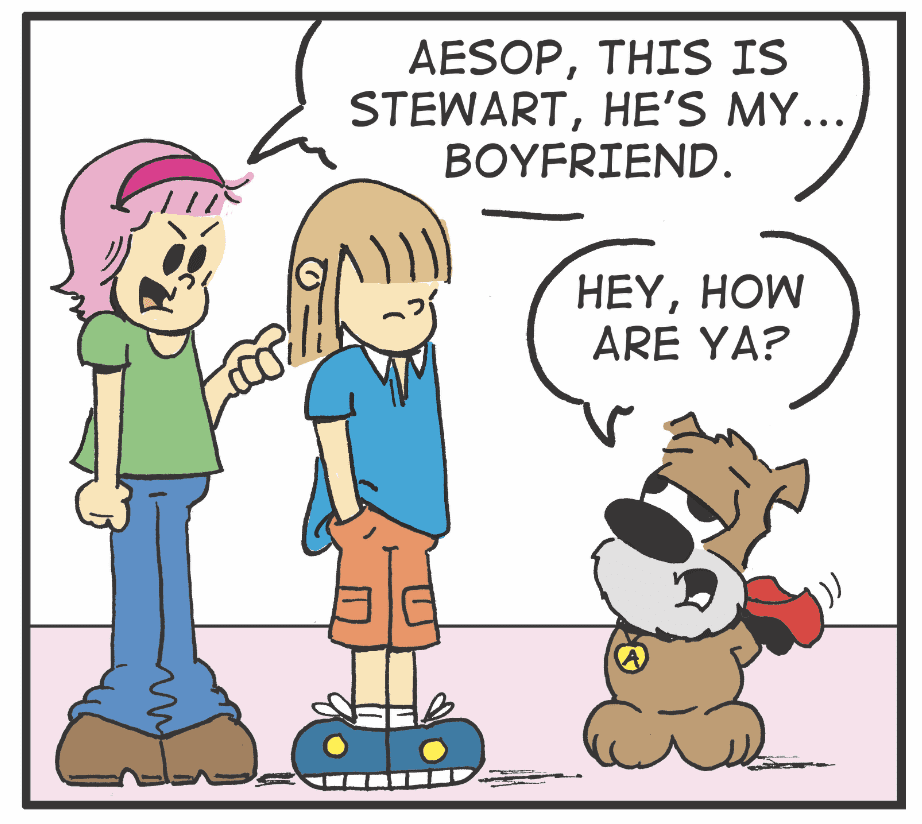 A comic strip with two people and a dog.
