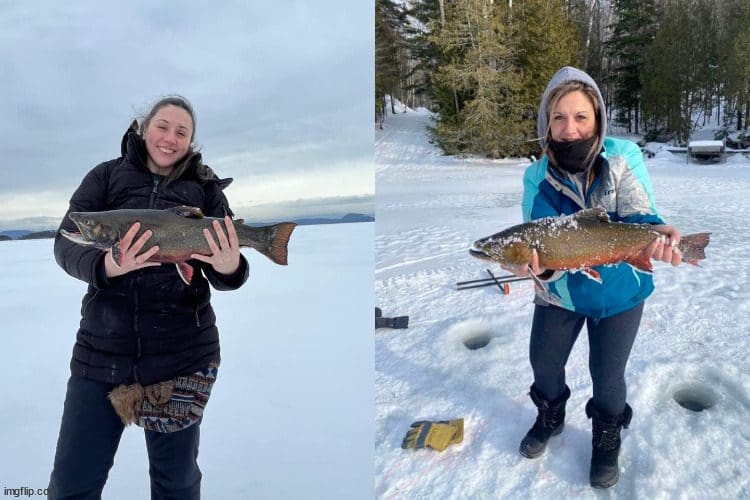 Two pictures of a woman fishing in the snow.