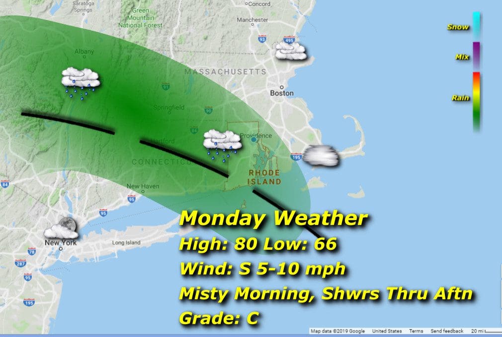 A map displaying the Rhode Island weather for Monday.