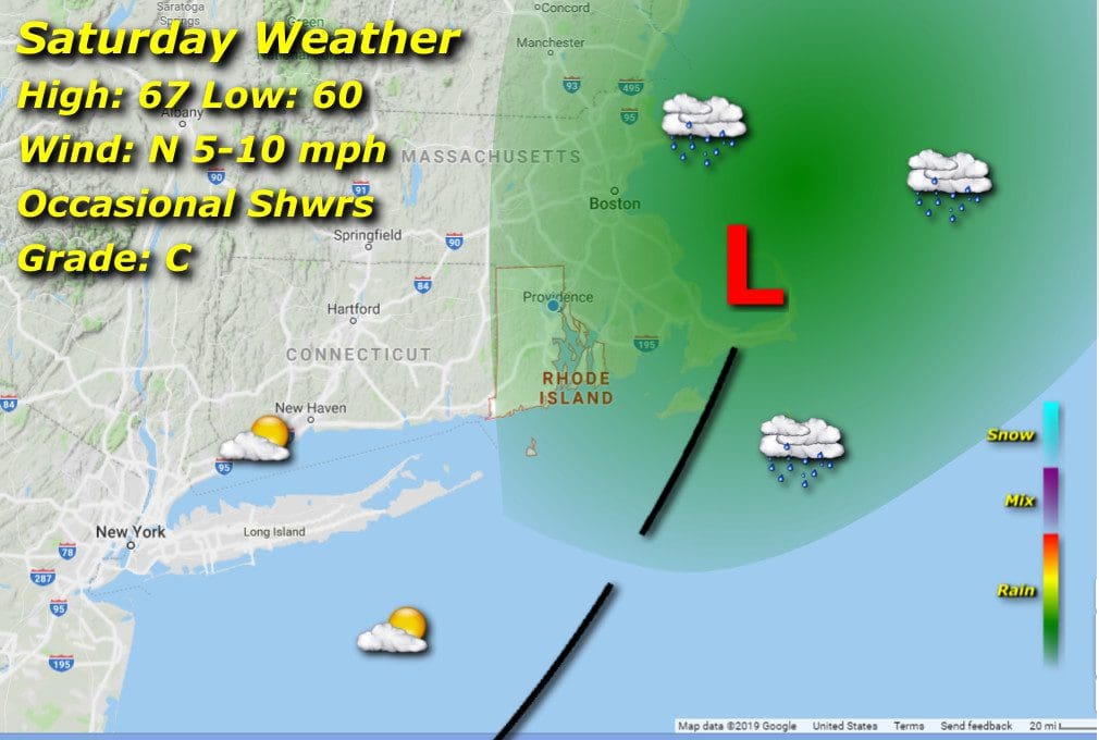 A map displaying Rhode Island weather for Saturday.