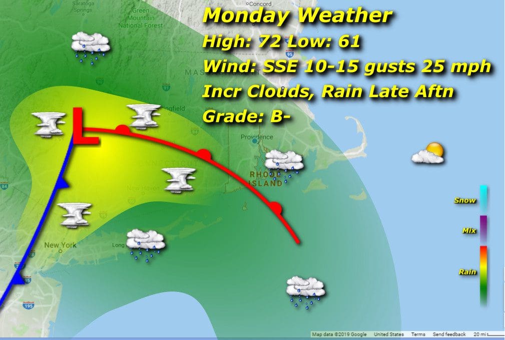 A map displaying the Rhode Island weather for Monday.