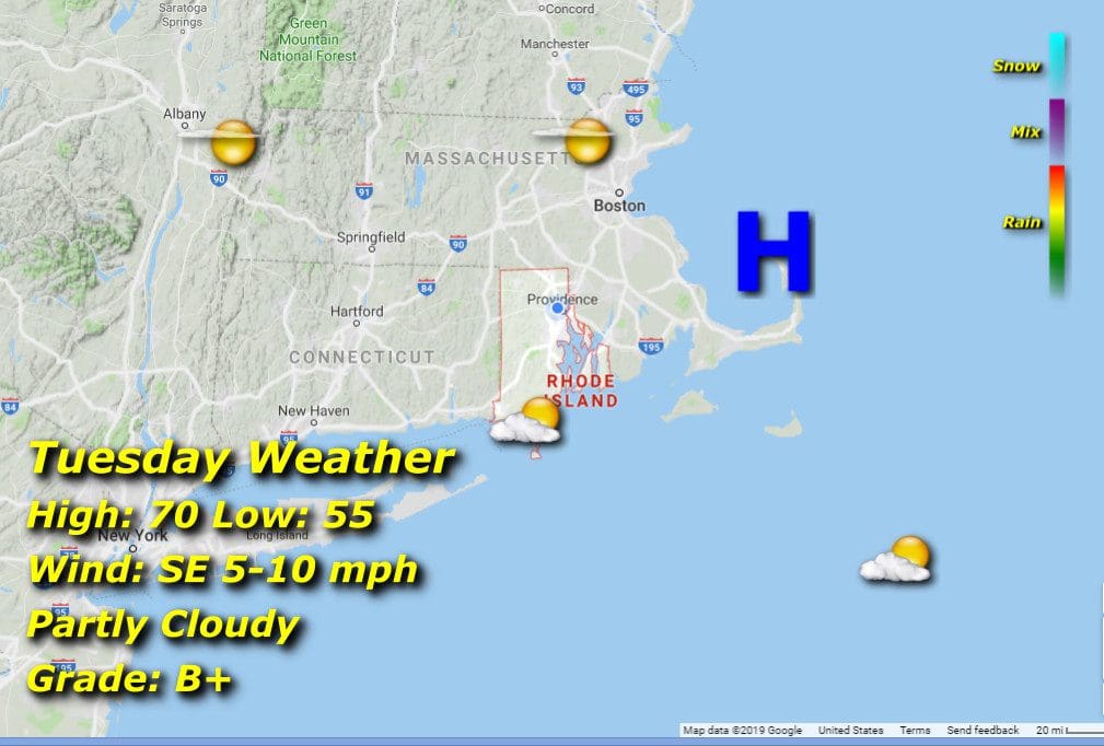 Tuesday weather in Massachusetts, along with Rhode Island weather.