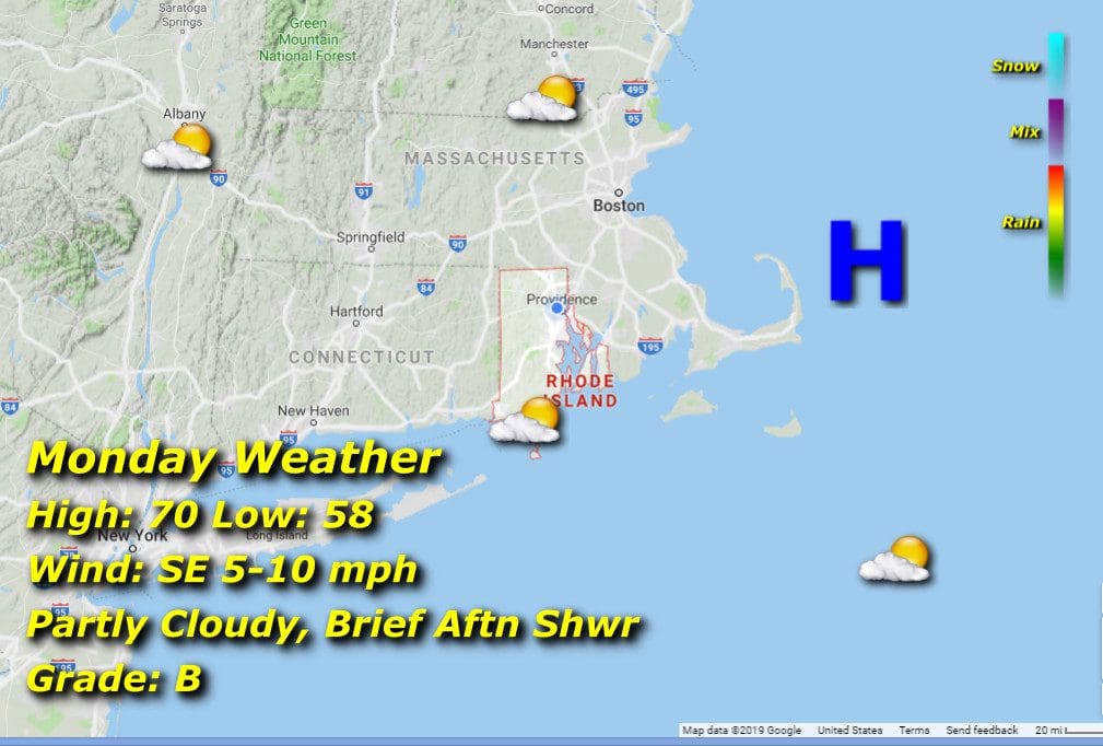 A map displaying Massachusetts weather, including Rhode Island.