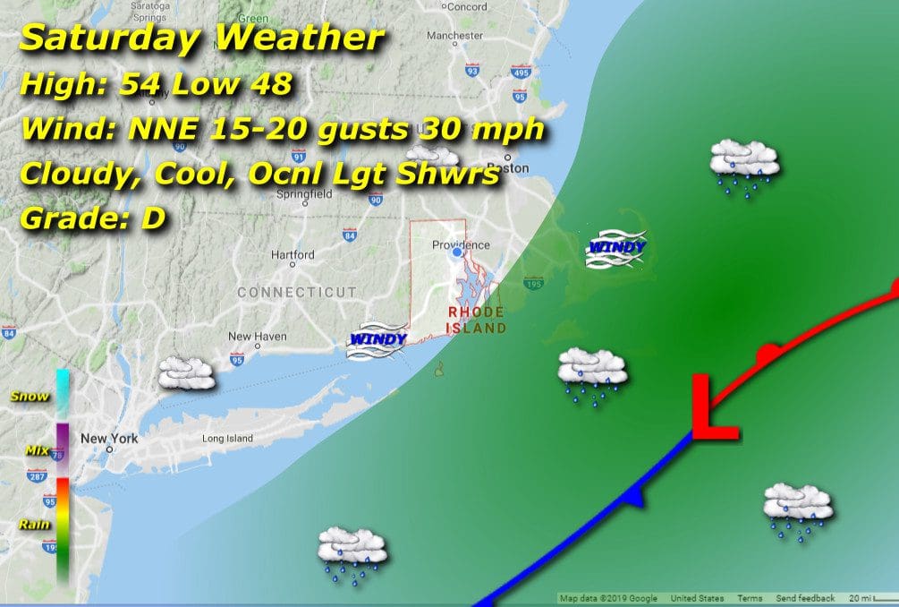 Saturday's Rhode Island weather map shows the direction of the weather.