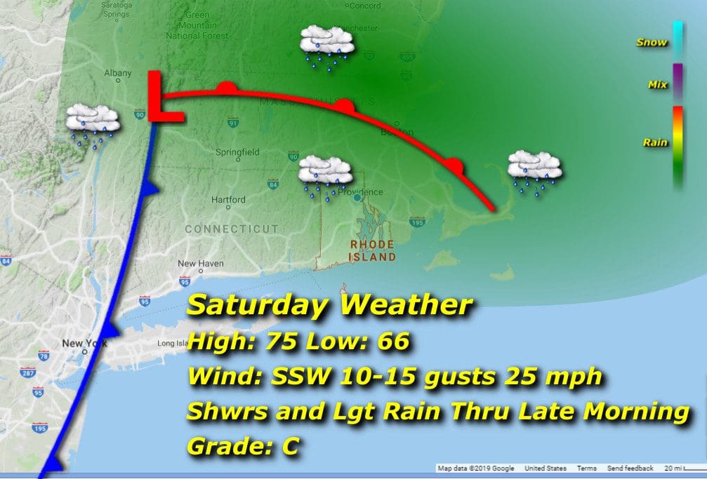 A map showing the weather for Saturday in Massachusetts and Rhode Island.