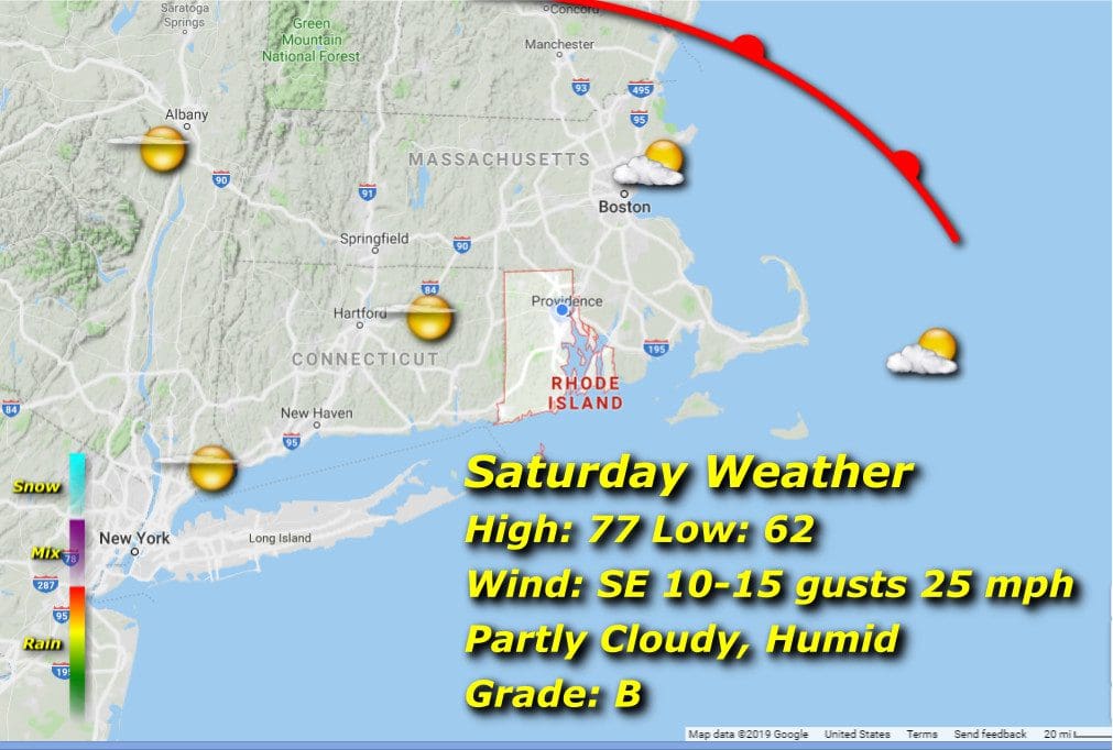 A map showing the weather for Saturday in Massachusetts, specifically Rhode Island weather.