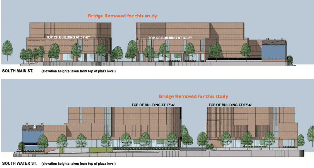Two renderings of a building with trees in the background.