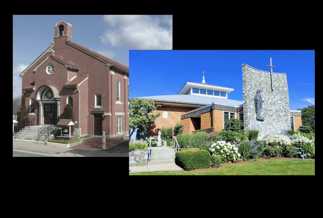 Two pictures of a church and a church with a cross.