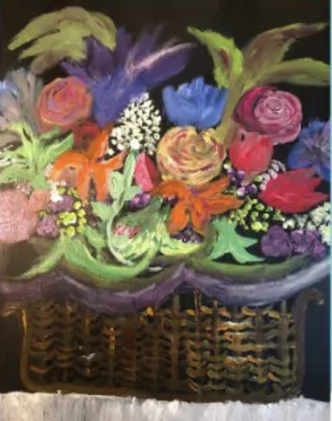 A painting of flowers in a basket on a black background.