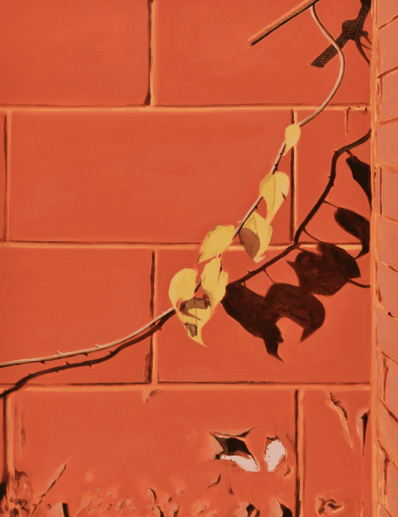 An artistic red brick wall with a branch hanging from it.