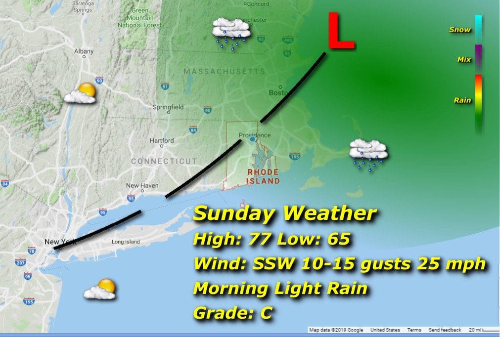 A map showing the Sunday weather in New Hampshire and Rhode Island.