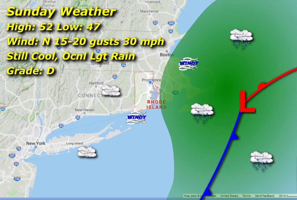 A Rhode Island weather map displaying storm direction.