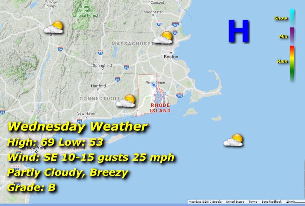 A map displaying the weather in Rhode Island.