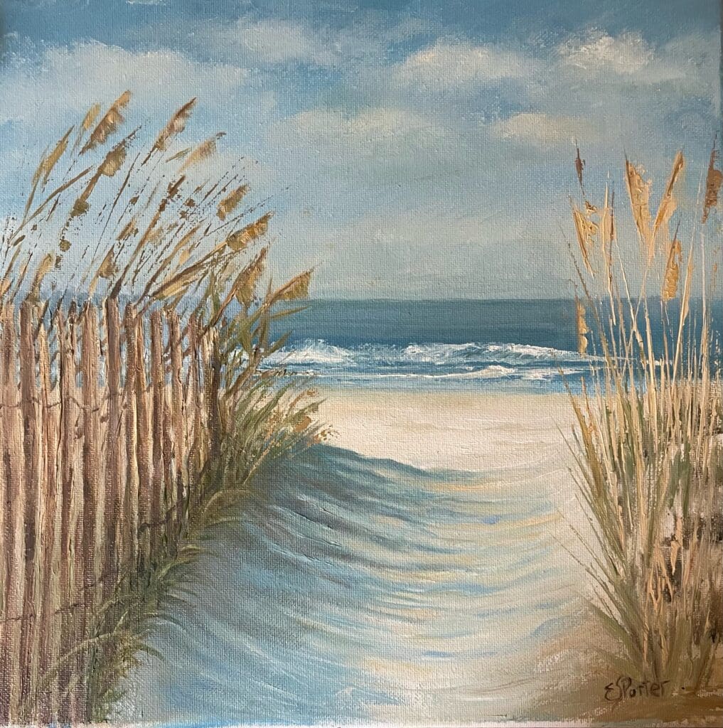 A painting of a beach path with sand and reeds.