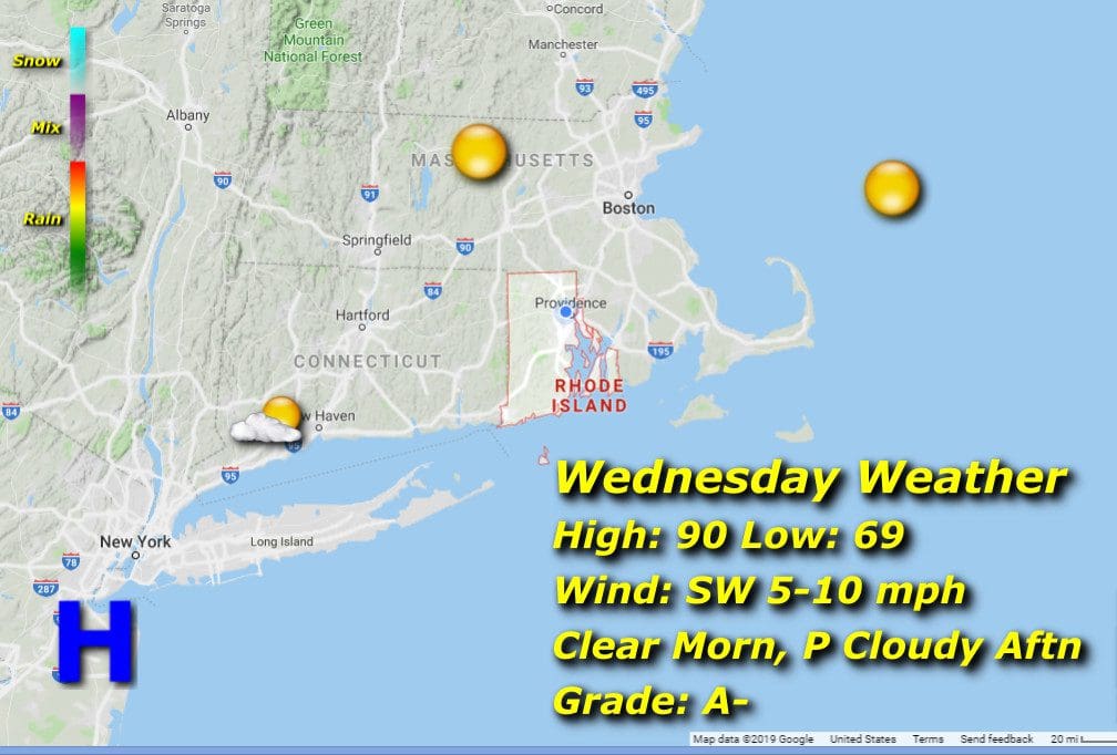 A map showing the Rhode Island weather for Wednesday.