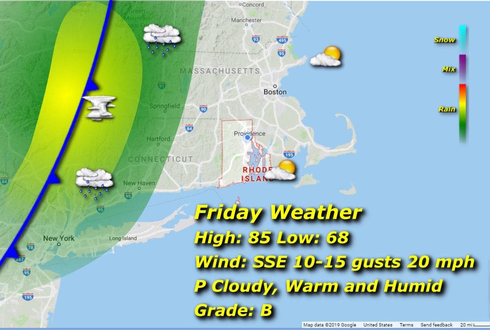 A map showing the weather for Friday in Massachusetts and Rhode Island.