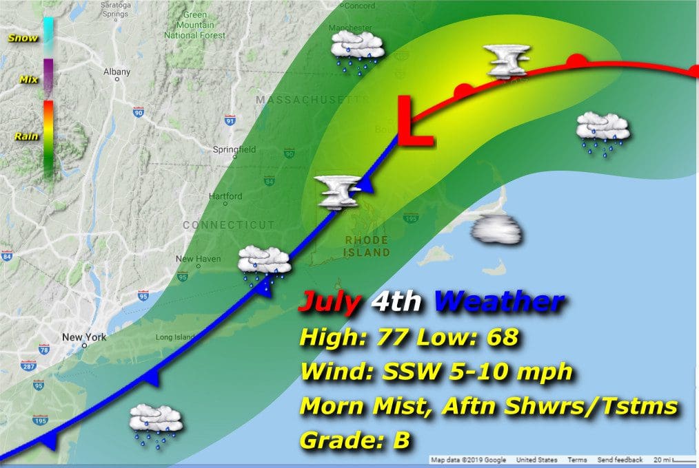 A map of the Rhode Island weather for July 4th.