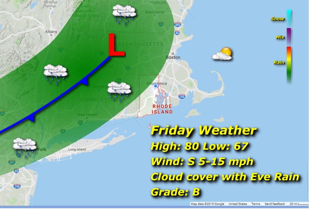 A weather map displaying the forecast for Friday in Rhode Island.