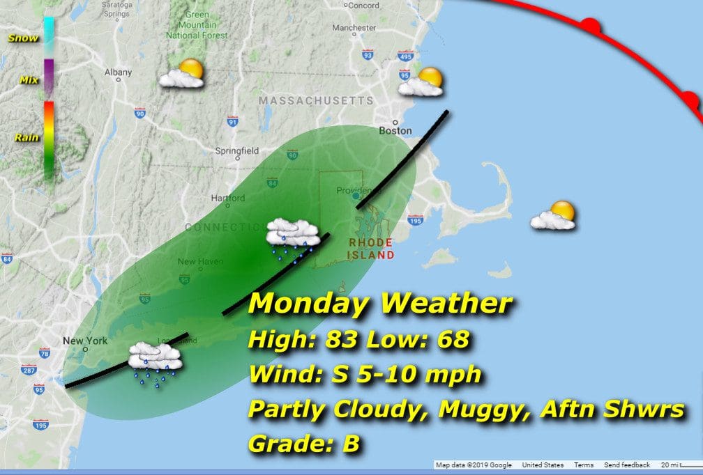 A map showing the weather for monday in massachusetts.