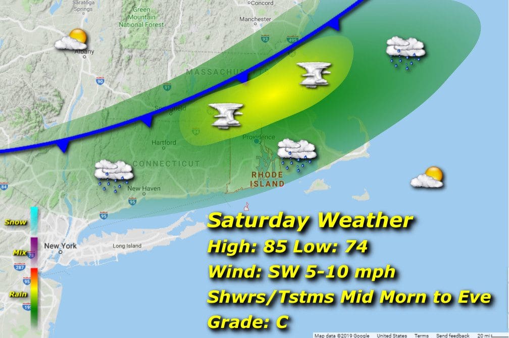 A map of Rhode Island's weather for Saturday.