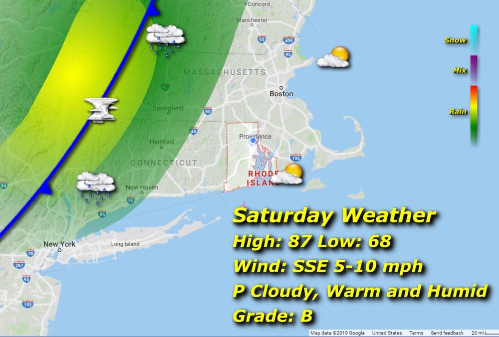 Saturday's Rhode Island weather map shows the location of a storm.
