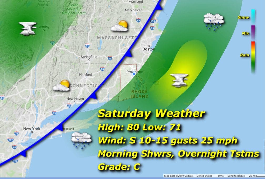 A map showing the Rhode Island weather for Saturday.